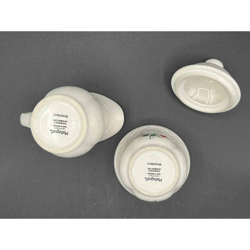 Pfaltzgraff Winterberry Cream and Sugar Set White Stoneware Holly Berry Holiday